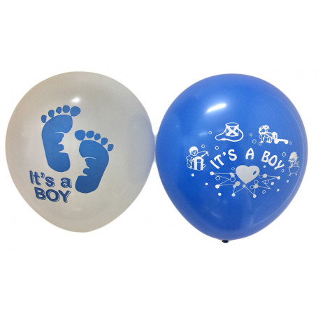 Ballonger latex med tryckt text It´s a Boy vita och blå