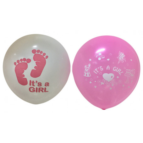 Ballonger latex med tryckt text It´s a Girl vita och rosa