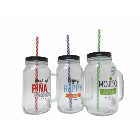 Drickaburk av glas med 3 olika tryck på framsidan; - Piña colada, Happy drink och Mojito.
