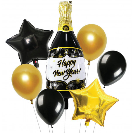 gott nytt år happy new year ballongbuketter svart och guld champagneflaska