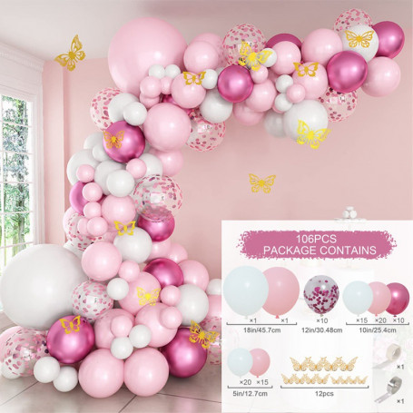 Ballongbågar rosa/vita/metallisk rosa/ guldfärgade fjärilar
