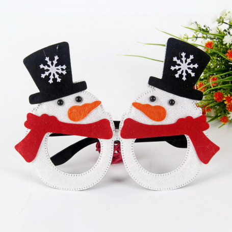 julglasögon med snögubbe med svart hatt med snöflinga , röd halsduk och orange morotnäsa