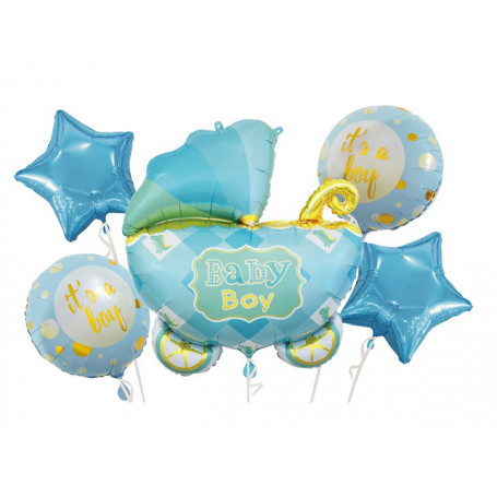 babyboy barnvagn ballongbukett ljusblå stjärnor its a boy helium ballonger