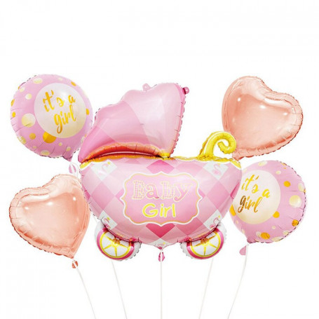 Babyshower rosa barnvagn hjärta ballonger helium its a girl tjej nyfödd
